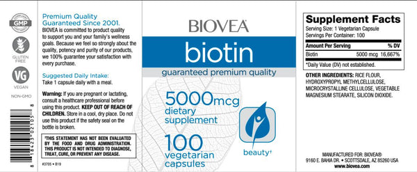 Biotin (5,000mcg) - 100 capsules