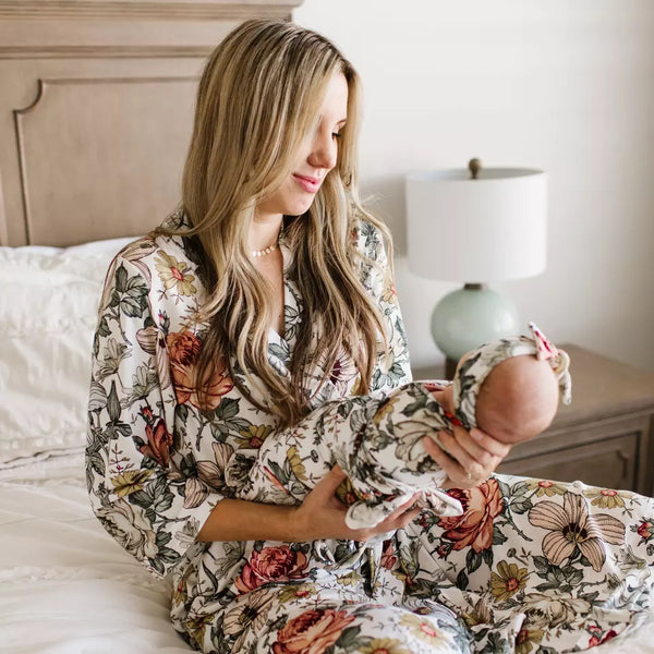 Muslin Bamboo Maternity Robe and Infant Swaddle Set - Autumn Floral
