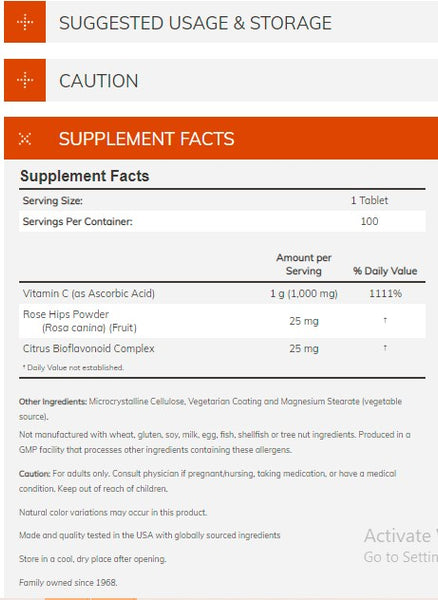 Vitamin C-1000 with Rose Hips (1000mg) - 100 Tablets