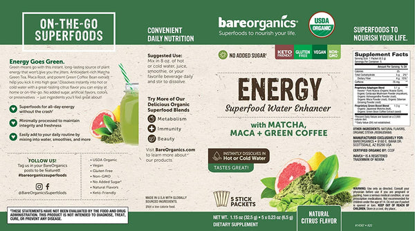 On-the-Go Organic Vegan ENERGY Superfood Water Enhancer - 5 Sticks
