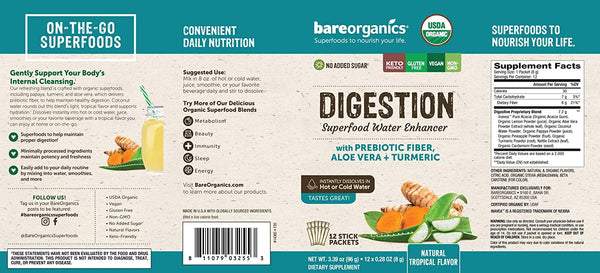 On-the-Go Organic Vegan DIGESTION Superfood Water Enhancer - 12 Sticks
