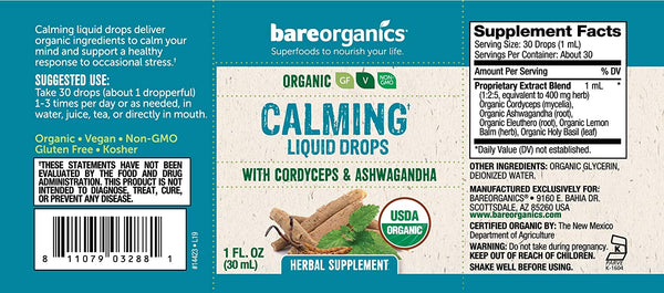 Organic Calming (Cordyceps & Ashwaganda) Liquid Herbal Drops - 1fl oz - 30ml