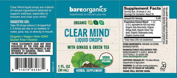 Organic Clear Mind (Gingko & Green Tea) Liquid Herbal Drops - 1 fl oz - 30ml