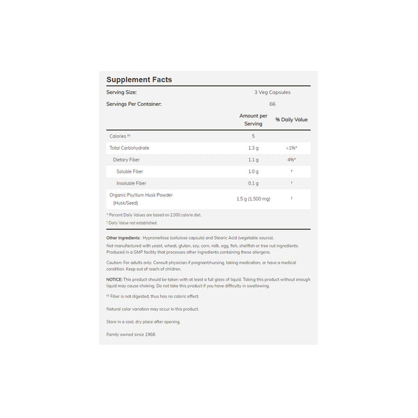 Psyllium Husk Dietary Fiber (500mg) - 500 Veggie Capsules