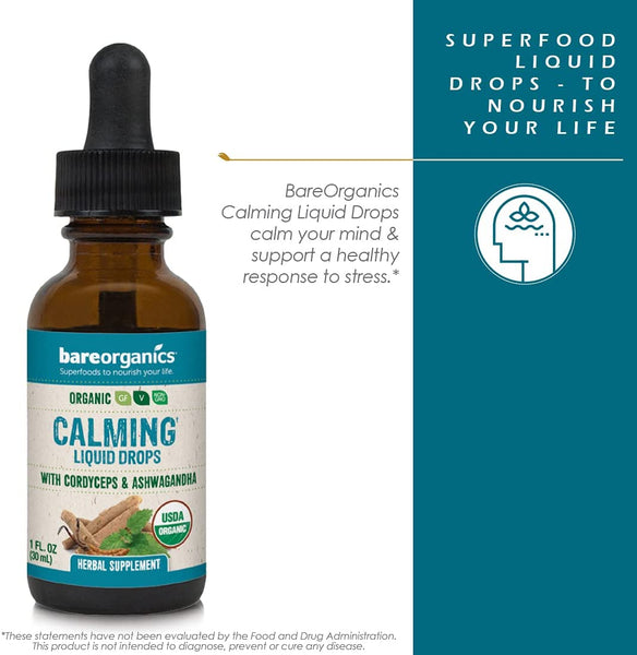 Organic Calming (Cordyceps & Ashwaganda) Liquid Herbal Drops - 1fl oz - 30ml