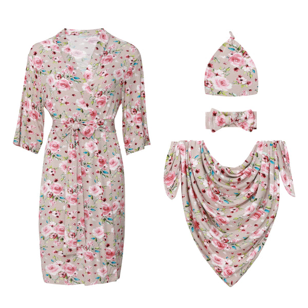 4-Pack Floral Printed Maternity Robe and Swaddle Set - Pink Floral