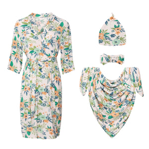 Hospital Labor Delivery Maternity Mom Robe and Baby Swaddle Set - Greeny Floral