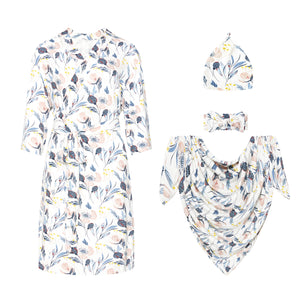 New Bamboo Rayon Knit Maternity Mom Robe and Baby Swaddle Set -  White Floral & Leaves