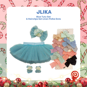 Blue Tutu Set +Hairclips Set Linen Polka Dots