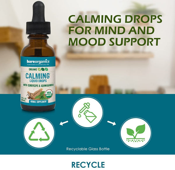 Organic Calming (Cordyceps & Ashwaganda) Liquid Herbal Drops - 1fl oz - 30ml