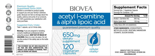 Acetyl L-Carnitine & Alpha Lipoic Acid (650mg) - 120 Capsules