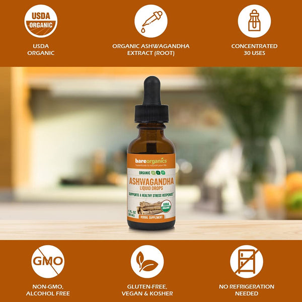 Organic Ashwaganda (Stress Control) Liquid Herbal Drops - 1 fl oz - 30ml