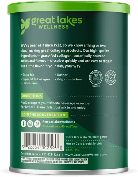 Great Lakes Wellness Collagen Peptides Powder Lemon Lime Flavor 20 Servings (10oz)