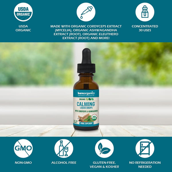 Organic Calming (Cordyceps & Ashwaganda) Liquid Herbal Drops - 1fl oz - 30ml