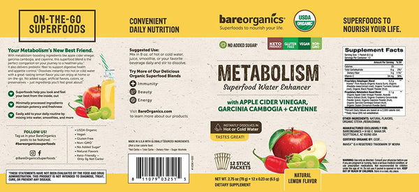 On-the-Go Organic Vegan METABOLISM Superfood Water Enhancer - 12 Sticks