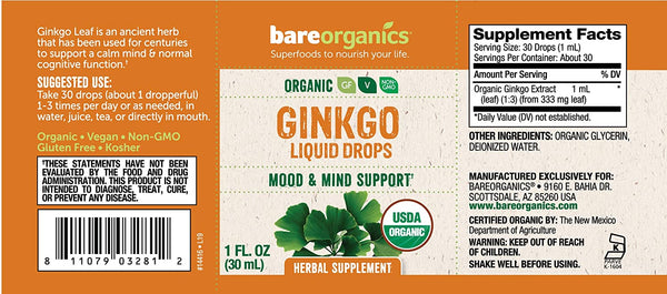 Organic Gingko (Mood & Mind) Liquid Herbal Drops - 1 fl oz - 30ml