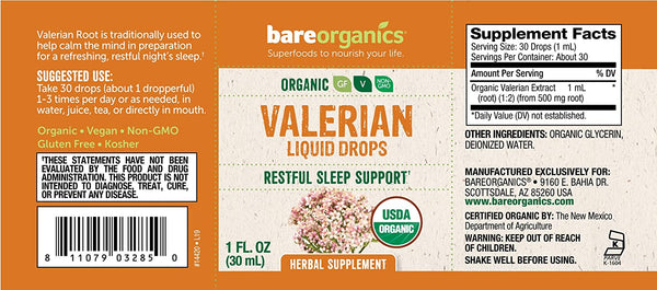 Organic Valerian (Sleep Support) Liquid Herbal Drops - 1 fl oz - 30ml