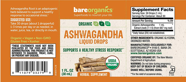 Organic Ashwaganda (Stress Control) Liquid Herbal Drops - 1 fl oz - 30ml