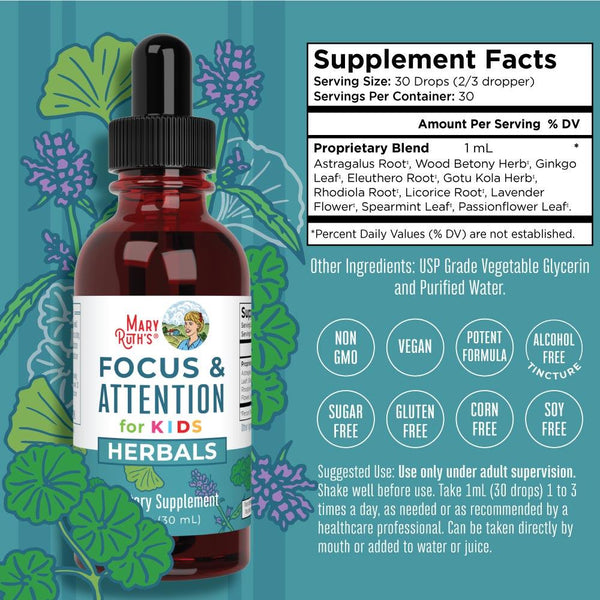 Focus & Attention VEGAN  Herbal Blend Drops for Kids (1oz)