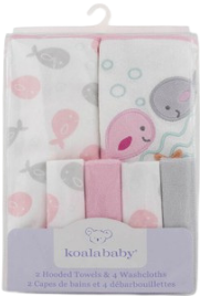 2 Pc. Hooded Towel & 4 Pc. Wash Cloth Whale- Neutral